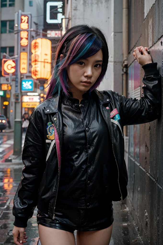 1girl, Chinese, punk,cyberpunk, rain city, china town, leather jacket, multi color hair, leaning against a wall
