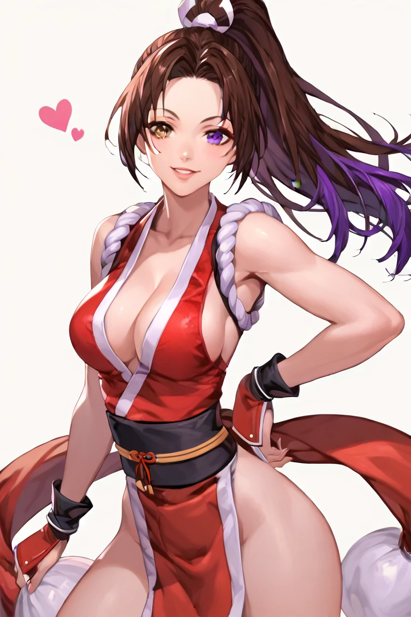 , score_8_up, score_7_up,score_6_up, score_5_up, score_4_up , 1girl, solo, ((Split hair)), ((brown hair)), ((purple hair)). heterochromia, brown eyes and purple eyes, PonyShiranui, japanese clothes, revealing clothes, cleavage, high ponytail, AthenaAsa2003, purple hair, hairband, long hair, white gloves, midriff, cleavage cutout, heart cutout, frilled skirt, happy, cowboy shot, simple background
