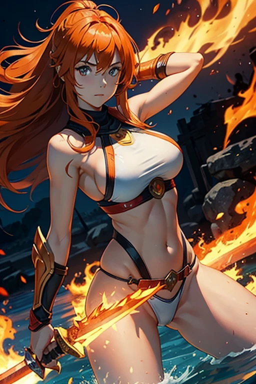 warrior head in hands athletic body thin big breasts big buttocks long hair. orange. sword of fire shield of water