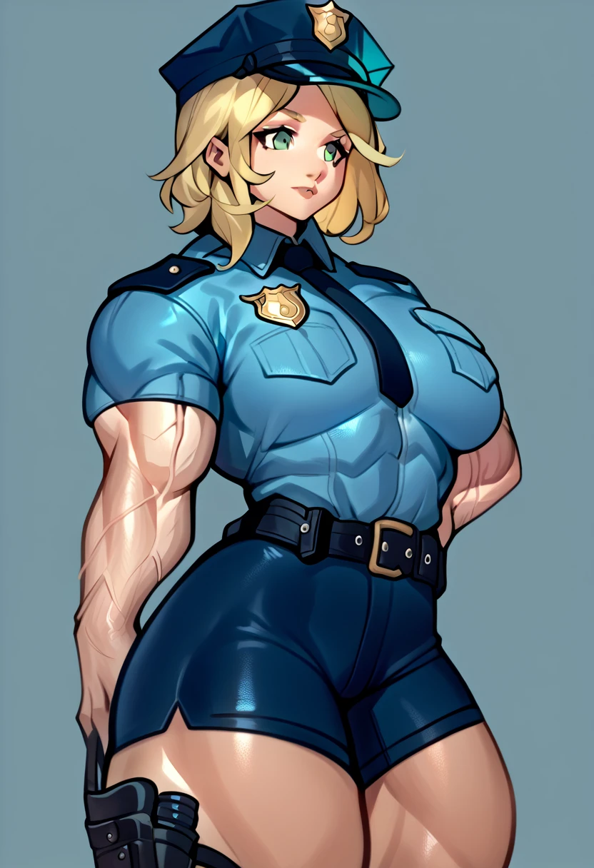 score_5_up, simple background, 1girl, muscular female, veins, solo, wearing (police uniform, police cap, shorts, belt, holster), medium hair, blonde hair
