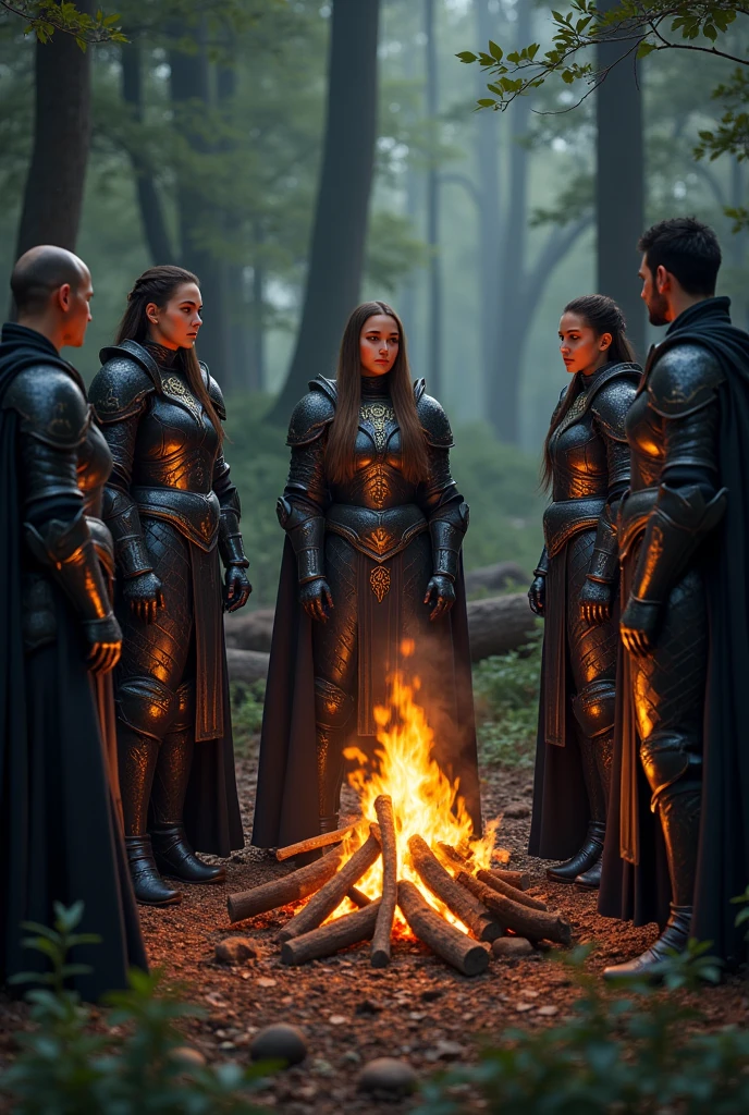 Three women in black armor and three men in black armor talking while sitting around a campfire in the woods