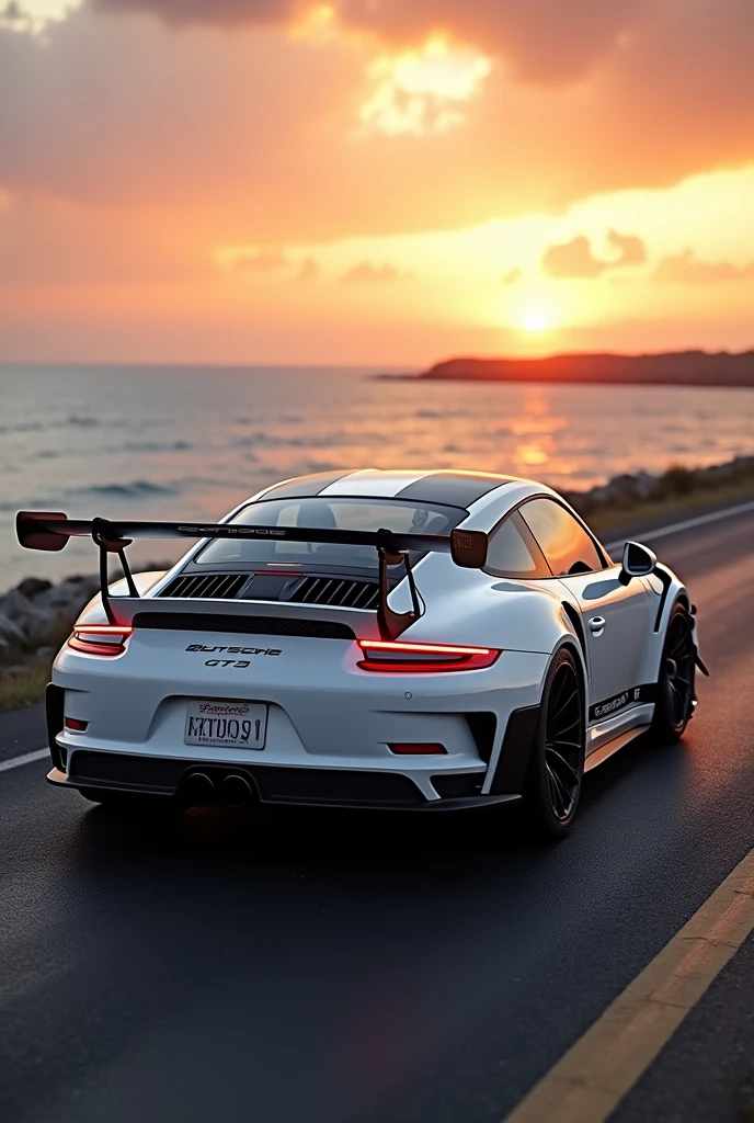 Porsche gt3 white with custom carbon fiber wrap  rear   view  background sunset in ocean's custom mate black