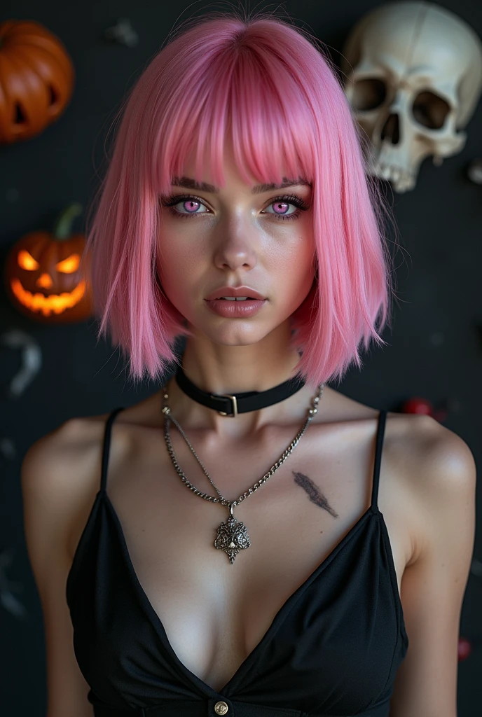 (best quality, 8K, 32K, masterpiece, Ultra HD:1.2),Photos of 18-year-old American beauties,, Super Short Straight Bob Hairstyle,Upper Body,Face Focus,(Oversized_Vest,:1.1) necklace, Horror background with skull,Jack-o'-lantern. Looking at the audience, Lean forward, Scar on collarbone (((Pink Hair,Pink bangs))), (((Vibrant pink eyes))) (((Award details)) ((Avatar Halloween makeup and pop star costumes)))