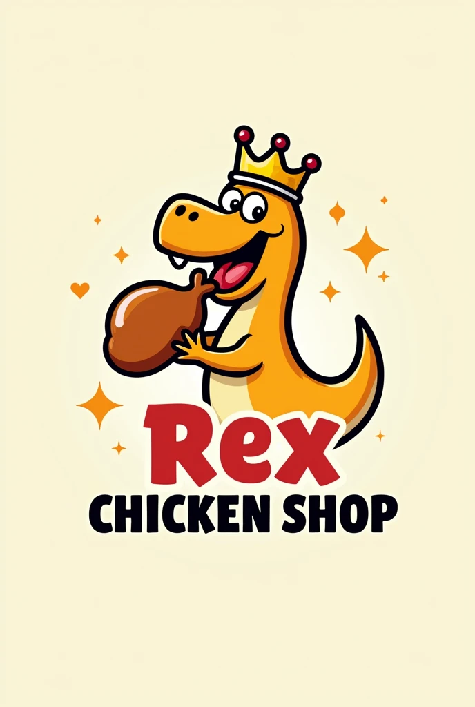 Create me a logo for a chicken shop with the name Rex chicken shop as a representative of this a Rex dinosaur implementing a crown in the background as king of the best chickens and at the same time eating a large chicken leg, make it simpler the annumation, We are just starting with something small