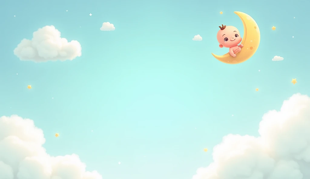 an image for slide, with baby blue background, in the upper left corner a detail of clouds well . In the upper right corner details of clouds with a baby hanging on a moon.
somewhat animated not realistic. 2d