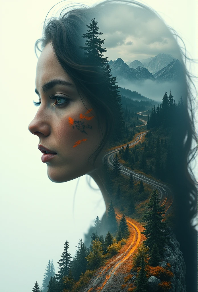 Double exposure of An awe-inspiring digital artwork featuring the face of a beautiful woman with piercing eyes, adorned in vibrant orange and black tattoos on her skin, set against a backdrop of mountains, forests, rivers, and a road that leads to a mysterious crossroads. Creating a captivating contrast between light and dark colours. This composition evokes a sense of wonder and curiosity, inviting viewers into another world with contrast and cinematic lighting. Ray tracing, SSAO, OLED clarity, global illumination, subsurface scattering, cinematic lighting, Tundra, Canon EOS 5D Mark IV camera with a Canon EF 50mm f/2.8L II USM lens tundra symmetry,