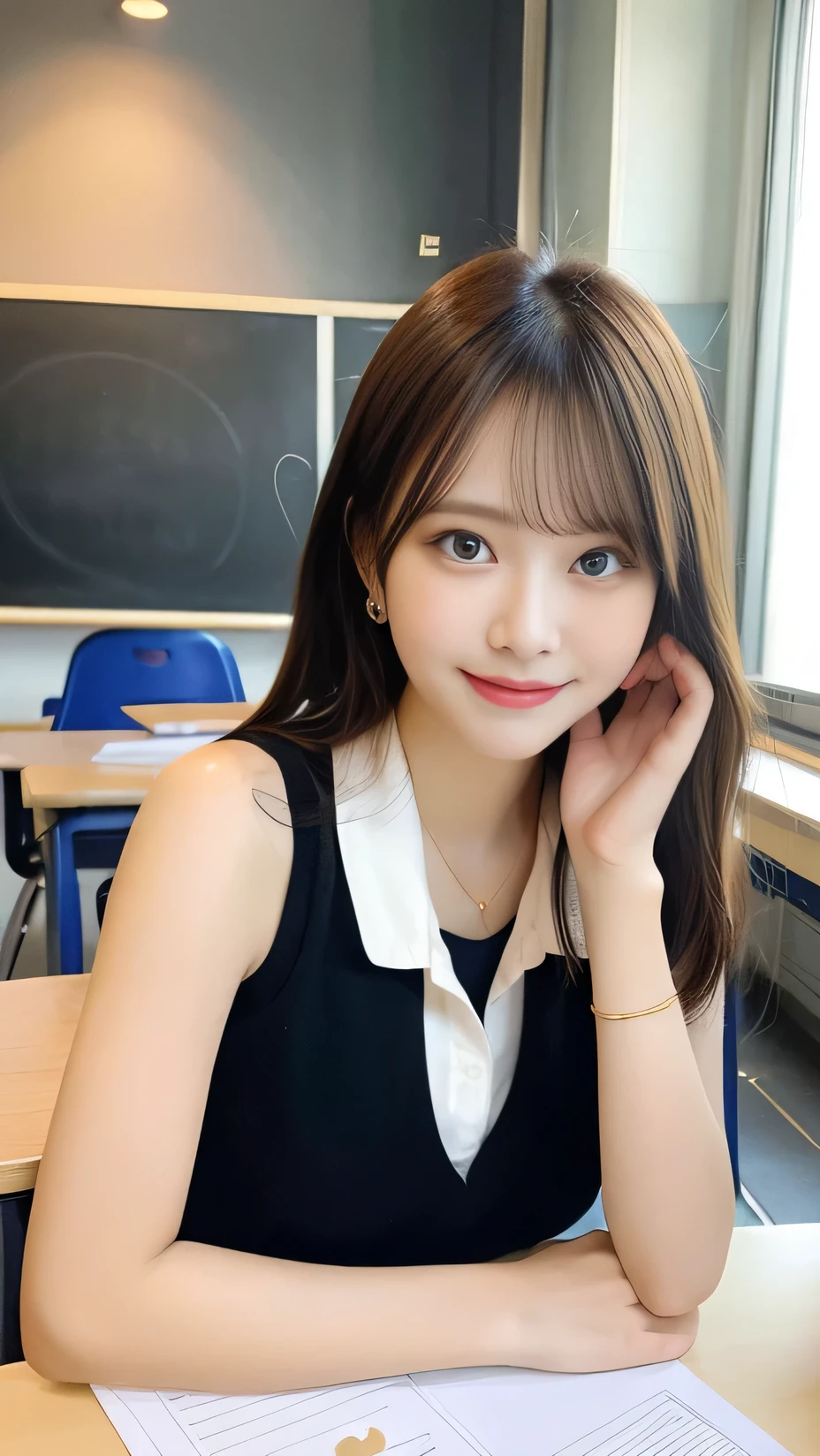 Tabletop、Highest quality, Very detailed、High resolution, 8k wallpaper, Flawless、Small breasts、24-years-old、female teacher、student teacher、Hair in a ponytail、A teacher-like demeanor、Attitude of listening、Sleeveless shirt、Big Eyes、Golden Ratio、Innocent expression、smile、Simple Necklace、staff room、School、