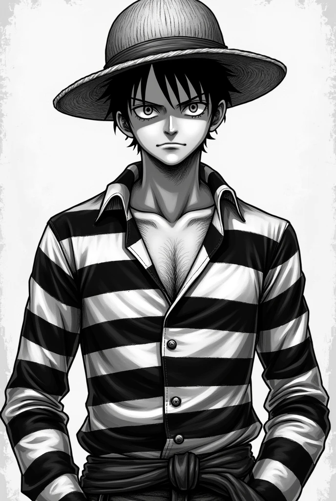 Monkey D. Luffy in a black and white striped long-sleeved prison uniform and Monkey D. .... Luffy in orange long sleeve prison uniform Original anime One Piece