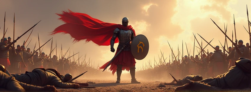 crie uma imagem de um homem vencendo uma guerra com guerreiras derrotadas a sua volta segurando uma bandeira com este símbolo ♂ estampado nela