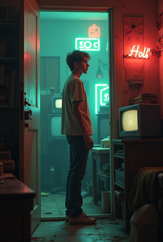 A tall boy walks into a room and finds things from the 80s. The room is a bit dark and old.