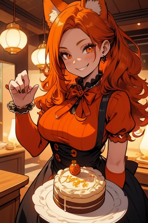 A young orange haired woman with copper eyes and an hourglass figure with orange fox ears and an orange fox tail in a Lolita maid uniform is smiling while serving a slice of cake in a fancy maid cafe