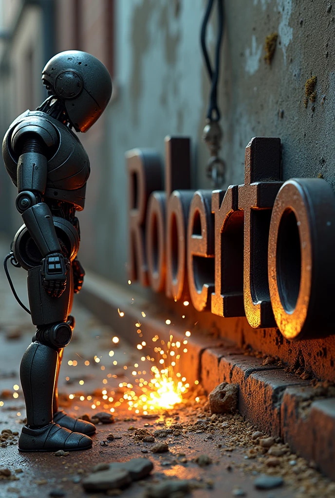 A robot watching and a locksmith welding the name of Roberto, the name that is made of iron and that the weather is daytime and the background is random but that it is seen from another angle does not make the angle look straight