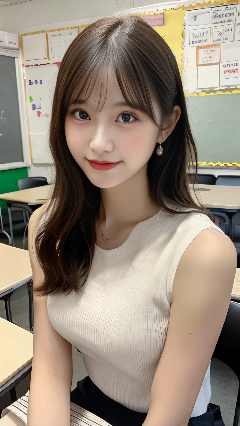 Tabletop、Highest quality, Very detailed、High resolution, 8k wallpaper, Flawless、Small breasts、24-years-old、female teacher、student teacher、Hair in a ponytail、A teacher-like demeanor、Attitude of listening、Sleeveless shirt、Big Eyes、Golden Ratio、Innocent expression、smile、Simple Necklace、staff room、School、