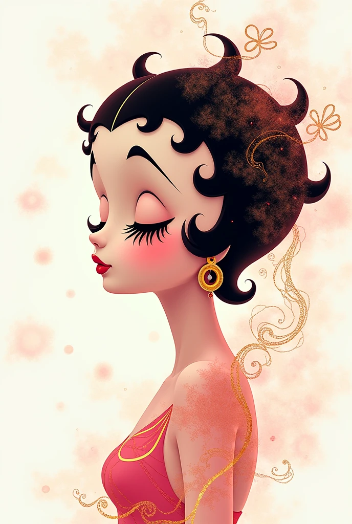 (White background:1.4),(Betty Boop), head silhouette, Eyes closed, Long colored hair, Oriental elements),(Chinese illustration:1.3,Paper Art:1.3, キルティングPaper Art:1.2),( Streamlined Design, Clear lines, High sharpness,Better Quality, Very detailed, Master Parts, Film Light Effect, 4K ) Illustration design, porcelain doll skin, beautiful detailed eyes, beautiful detailed lips, extremely detailed gold eyes and face, long eyelashes, upper body, from side, looking at viewer, (fractal art:1.3), (pink hair:1.2), water, liquid, cloud, colorful, starry, stars, (best quality, 4k, 8k, highres, masterpiece:1.2), ultra-detailed, (realistic, photorealistic, photo-realistic:1.37), vibrant colors, studio lighting, extremely detailed description, professional, concept art, surreal, 1920s french vibe, monochromatic gold and pink palette, in the style of french illustrator moebius, gold elements,