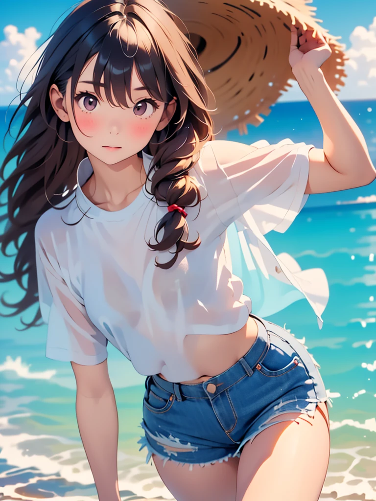 (:1.4),(Very Young Face),japanese femes idol, 1girl, (absurdres, highres, ultra detailed, high resolution: 1.1) BREAK 1 girl, solo, medium breasts, shy, BREAK brown hair, medium hair, hair between eyes, brown eyes, BREAK T-shirt, denim miniskirt, white or pale pink or pale blue panties, BREAK pantydrop, standing, arm up, pussy, pussy line, BREAK nice hands, perfect hands,(perfect anatomy:1.4),(Beauty of form:1.4) Golden ratio,