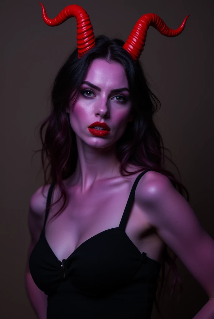 Beautiful 25 year old women with medium breasts in a black dress with red horns and an angery face and purple skin