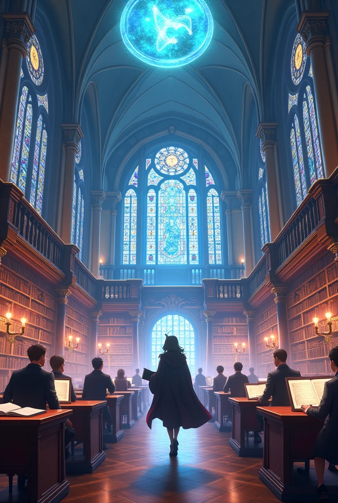 Classrooms in a huge academy with an elegant and magical atmosphere Design it in anime or manga style
