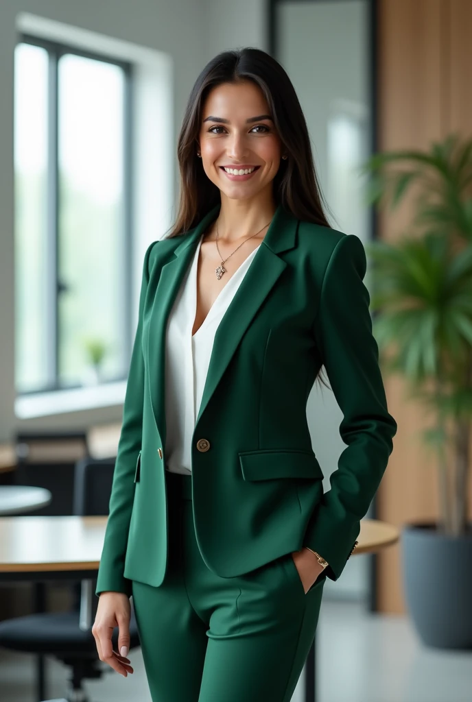 A Brazilian woman in an office, dressed in green formal wear