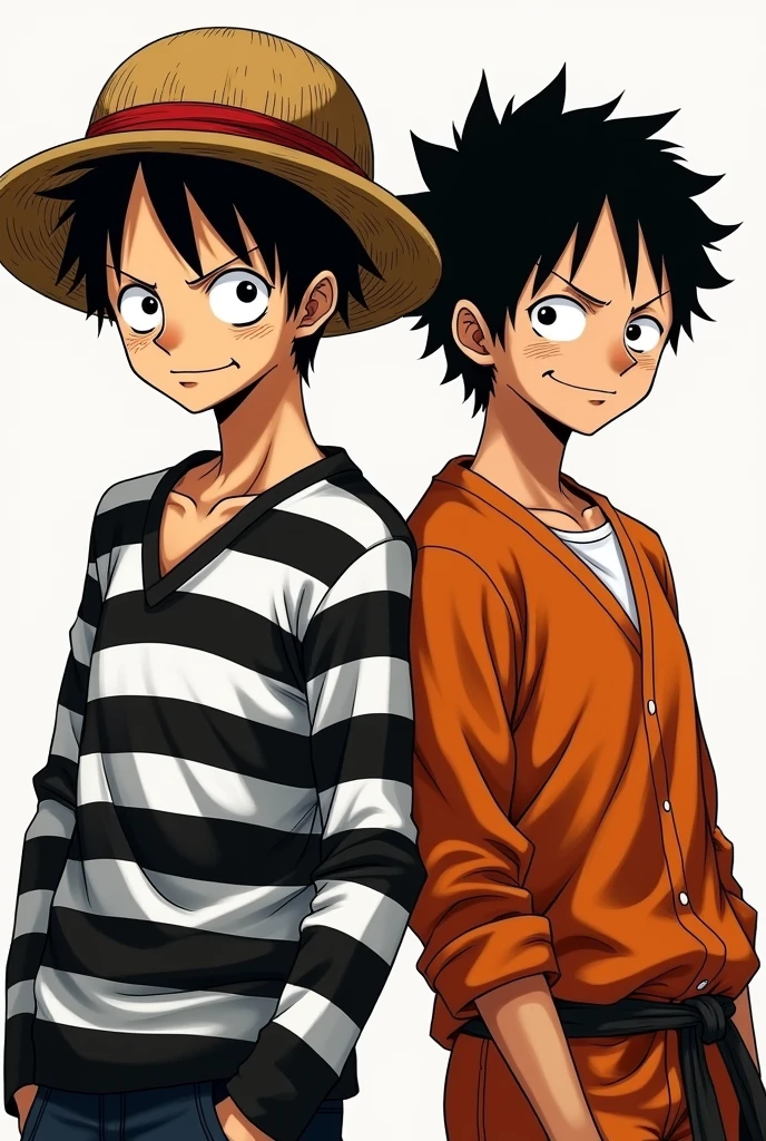 Monkey D. Luffy in a black and white striped long-sleeved prison uniform and Monkey D. .... Luffy in orange long sleeve prison uniform Original anime One Piece