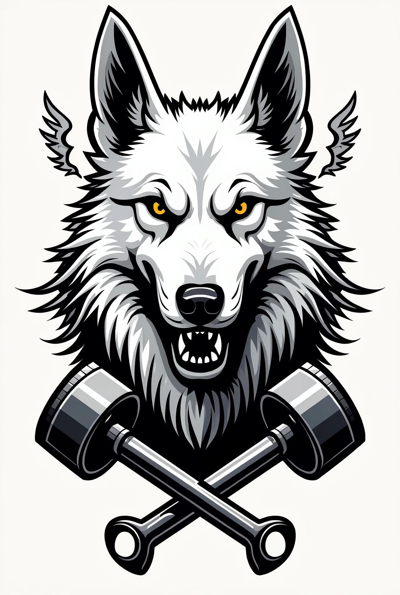 I need a coat of arms for a motorcycle club with an angry white German Shepherd dog in the middle but only his bust, with small wings coming out from behind him on the sides, and two crossed pistons coming out of the bottom of the dog&#39;s head