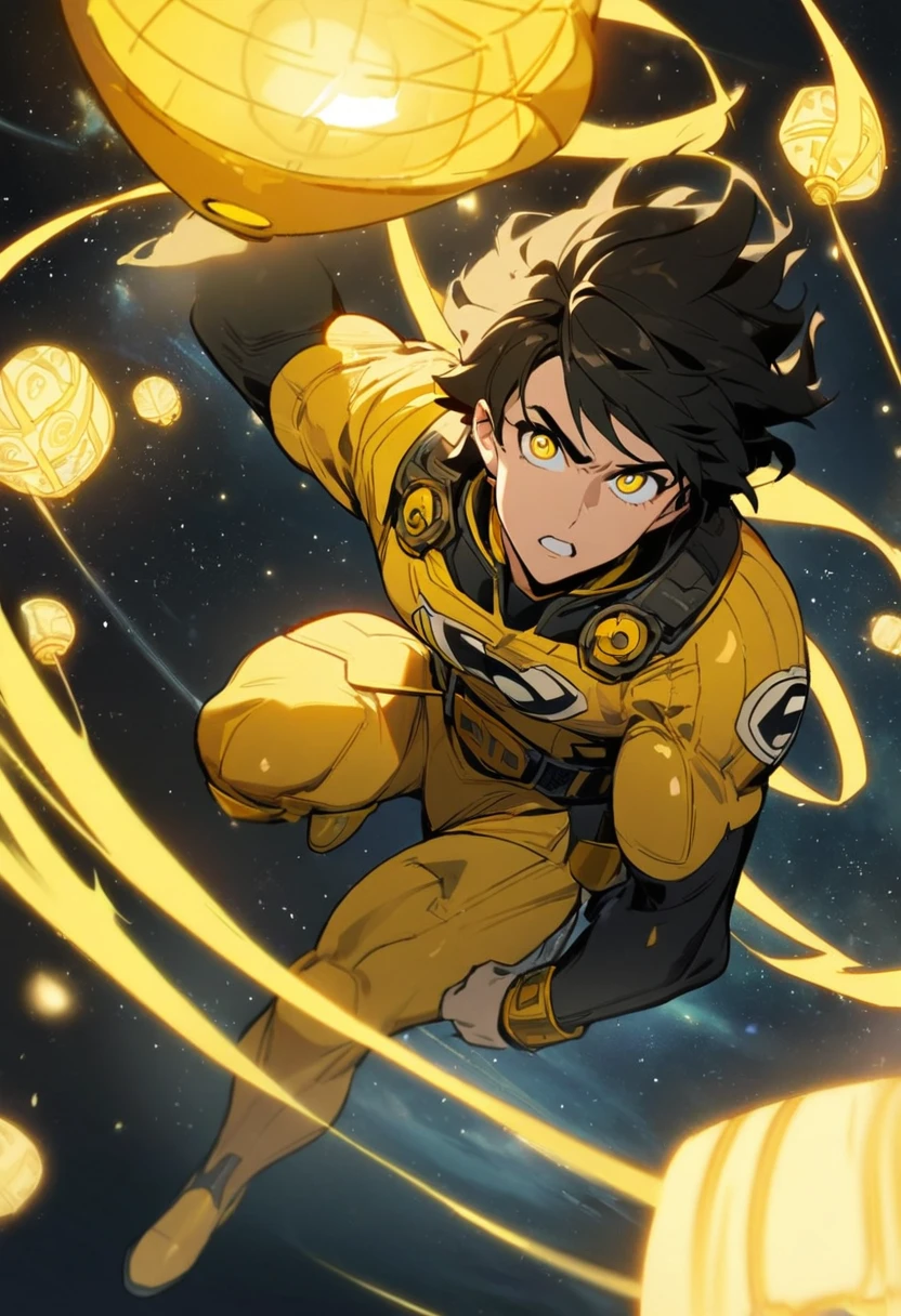 1boy, yellow lantern, dc comics, black hair, yellow eyes, flying in the space, yellow energy