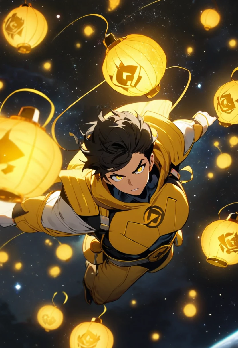 1boy, yellow lantern, dc comics, black hair, yellow eyes, flying in the space, yellow energy 