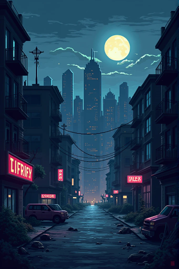 8bit background, deserted city at night after the world collapses. 