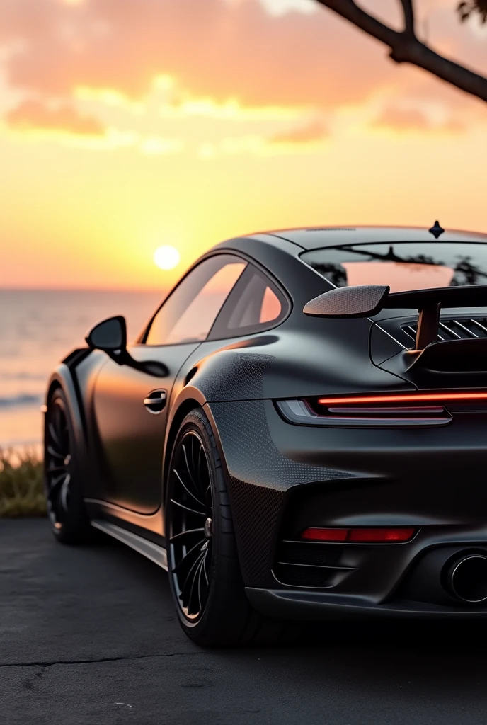 Porsche matte black with custom carbon fiber wrap rear view background sunset in ocean's custom