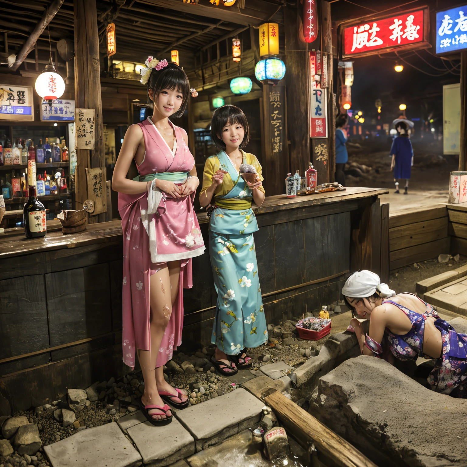 ((masterpiece、Highest quality))、Cute girls gather、Three girls in summer clothes、((Detailed and cute face、Big beautiful eyes))、((Showa Retro:1.2、Hot Spring Town、Hot spring facilities、Special baths、stage))、Places to visit in Japan、(Detailed and cute face:1.3)、(Poor conditions、smile、Japan's poor neighborhoods、Dim and unsanitary、Standing Bar、みんなで楽しくdiet、Crumbling underground shopping mall:1.3)、屋台のdiet店、stage、sewage、Dirty shop、street vendors、Unsanitary and abandoned city、smile、diet、Poor person々