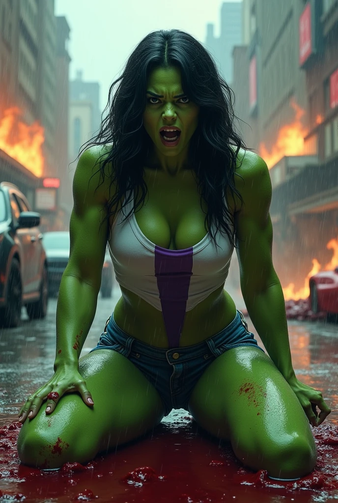 a beautiful woman (((Olive-green complexion all over his body))),(((long black hair))) Jennifer Walters aka She-Hulk in a white sports top with purple in the middle and some (((Bermuda jeans up to their knees ripped))) because of her great muscles, muscular arms and legs, on her knees, screaming exhausted after an extensive battle in an apocalyptic and rainy city, cars and buildings on fire, blood around her, strong and bloody images (((Olive green complexion all over the body))),(((Fingers of his hands without any deformity))),(((thick legs and arms due to their great musculature)))