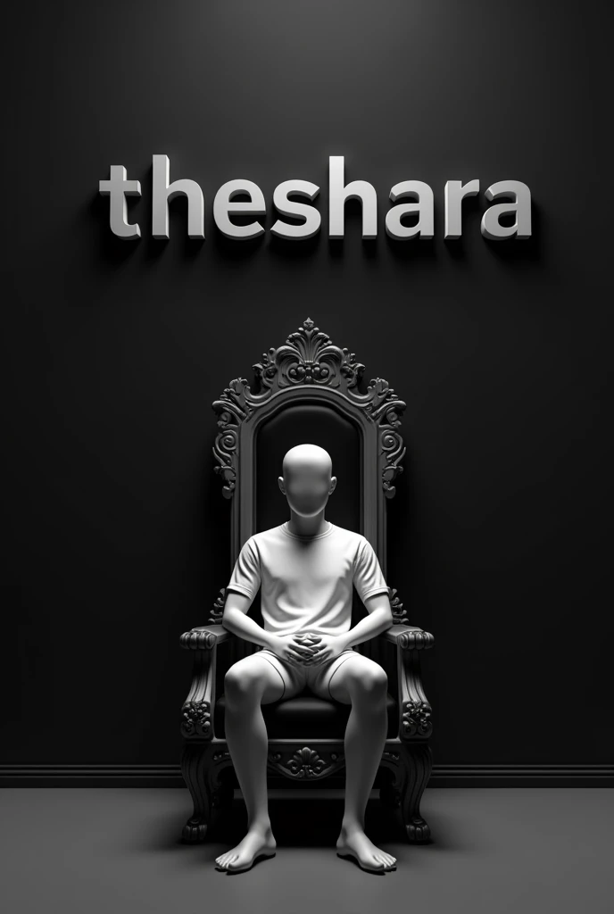A  in a white t-shirt sits on a throne with a black wall behind her. "THESHARA" is written on that wall in 3D and she should not have any shadow and she should appear from a 3D angle.