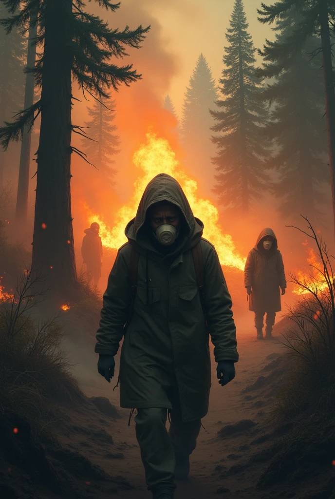 Peoples sick, wearing mask, forest burning because of human
