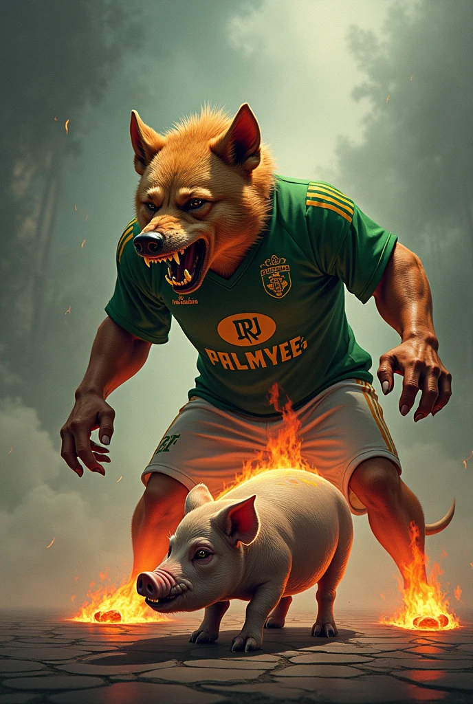 Angry dog wearing a Botafogo RJ shirt frying a pig wearing a Palmeiras shirt