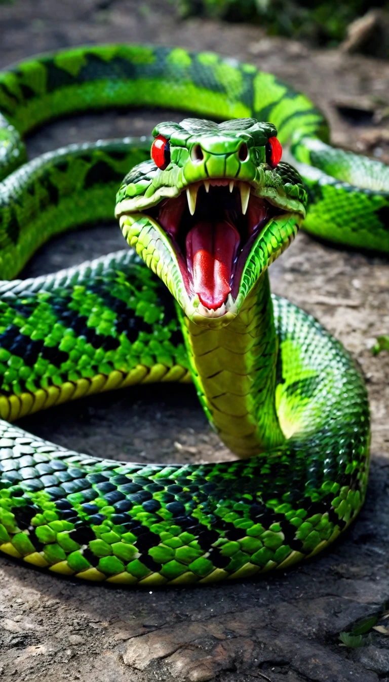 Giant snake, as viper, high detailed, realistic, ultra realistic, the viper snake with red eyes, the viper snake spit out green acid from mouth, ((green acidic spit))