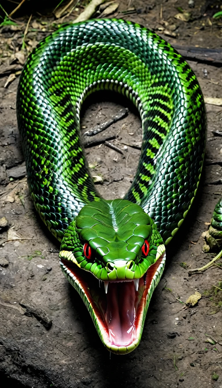 Giant snake, as viper, high detailed, realistic, ultra realistic, the viper snake with red eyes, the viper snake spit out green acid from mouth, ((green acidic spit))