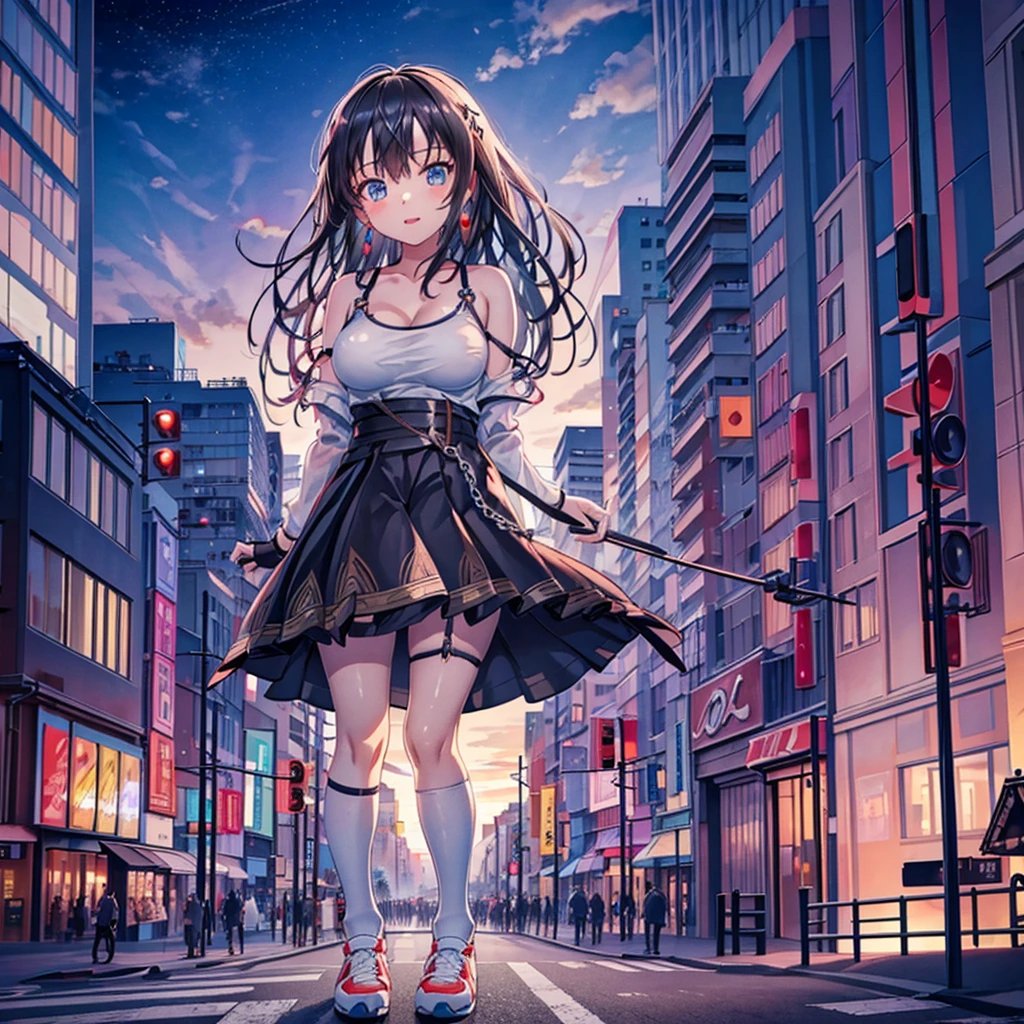 Composition viewed from below ((evening)) ((sunset)) ((sunset)) cumulonimbus masterpiece Anime Style Delicate painting 4K 90's giant plural crowd ((Black Hair)) Metropolis crowd Crowd of people ((A giant Shibuya Rin standing in the valley of a skyscraper district)) Metropolis Tokyo Akihabara Electric Town Big Breasts Sweating profusely Splash sneakers White socks watch Black Hair smile female giant giant girl Whole body Crowd Unreal Engine,cleavage ,a drawing of a , earrings, long hair,Cute picture Beauty Analog style whole body sneakers