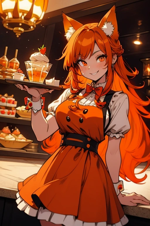 A young orange haired woman with copper eyes and an hourglass figure with orange fox ears and an orange fox tail in a Lolita maid uniform is smiling while serving a slice of cake in a fancy maid cafe
