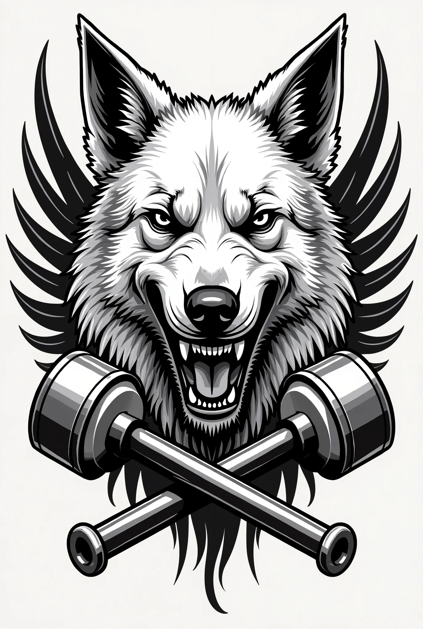 I need a coat of arms for a motorcycle club with an angry white German Shepherd dog in the middle but only his bust, with small wings coming out from behind him on the sides, and two crossed pistons coming out of the bottom of the dog&#39;s head