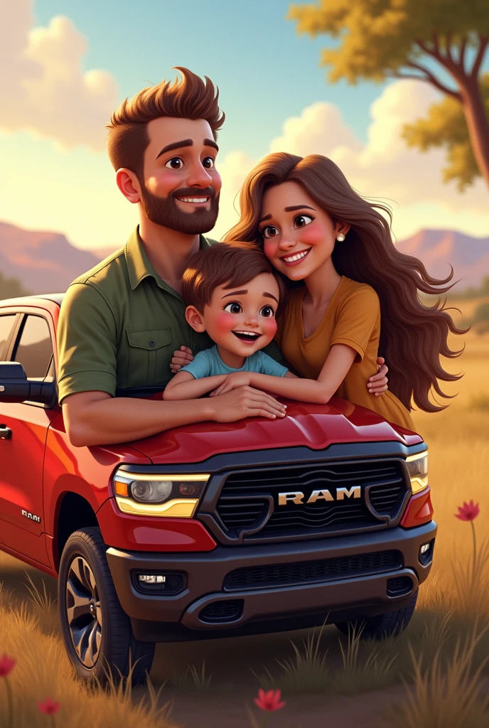 A happy family consisting of a brown-haired father, a mother with long brown hair, with her blonde daughter and her son, in a beautiful place with his red Dodge RAM truck in the background