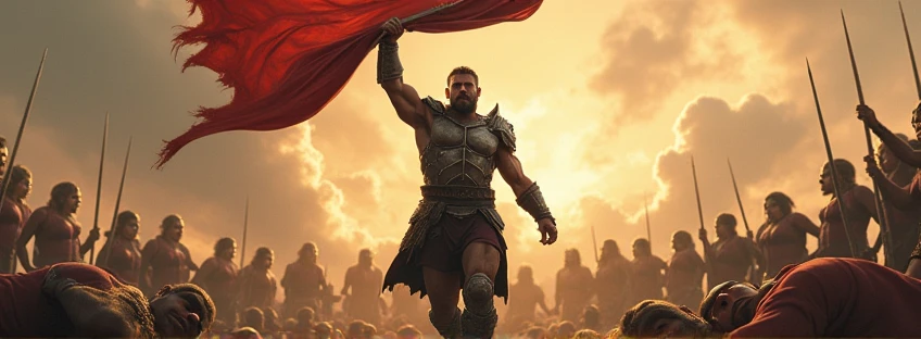 crie uma imagem de um guerreiro vencendo uma guerra com mulheres derrotadas a sua volta segurando uma bandeira com este símbolo ♂ estampado nela