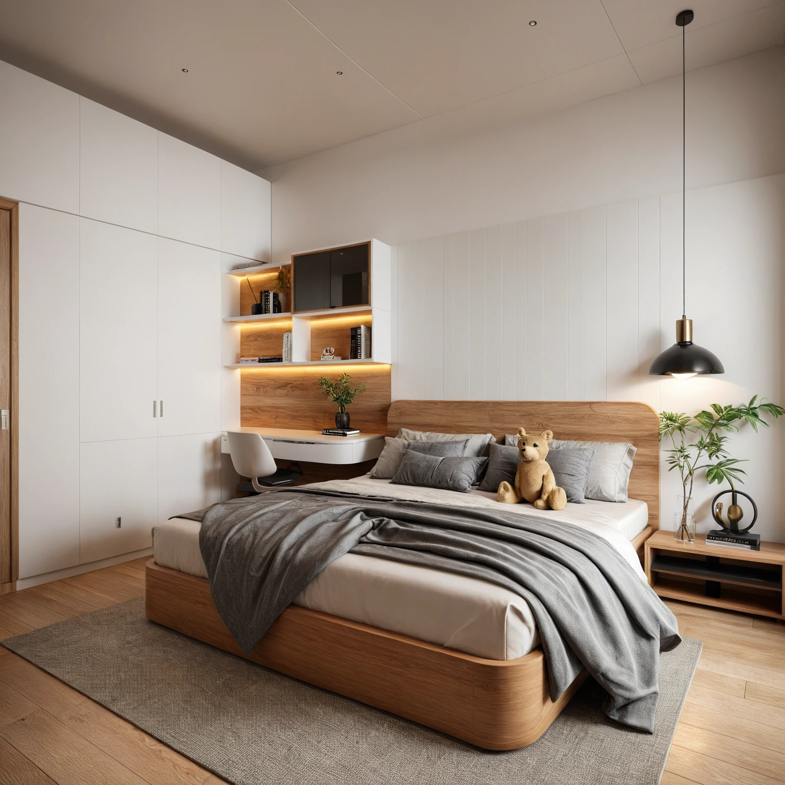 Raw photo,Masterpiece, high quality, best quality, authentic, surreal, super detail, interior, bedroom, wooden floor, use lots of curves, (curved wall), indoors, white color, white wall,(daylight:1.1), vivid color, (realistic:1.2 ),
