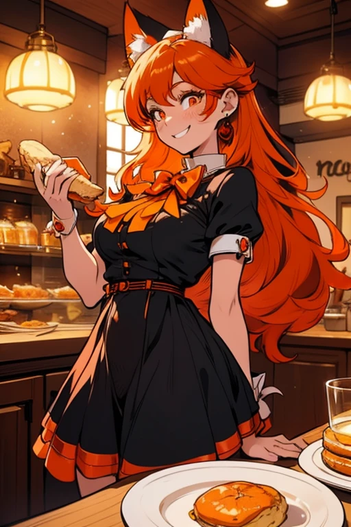A young orange haired woman with copper eyes and an hourglass figure with orange fox ears and an orange fox tail in a Lolita maid uniform is smiling while serving a scone in a fancy maid cafe