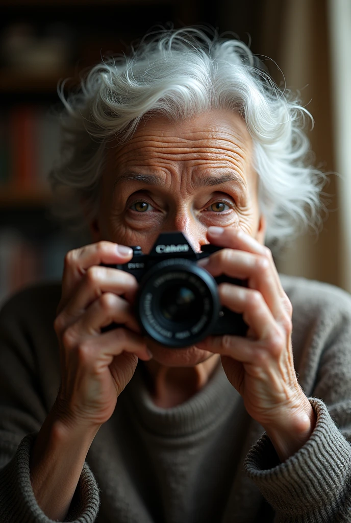 realistic old woman takes picture of herself 

