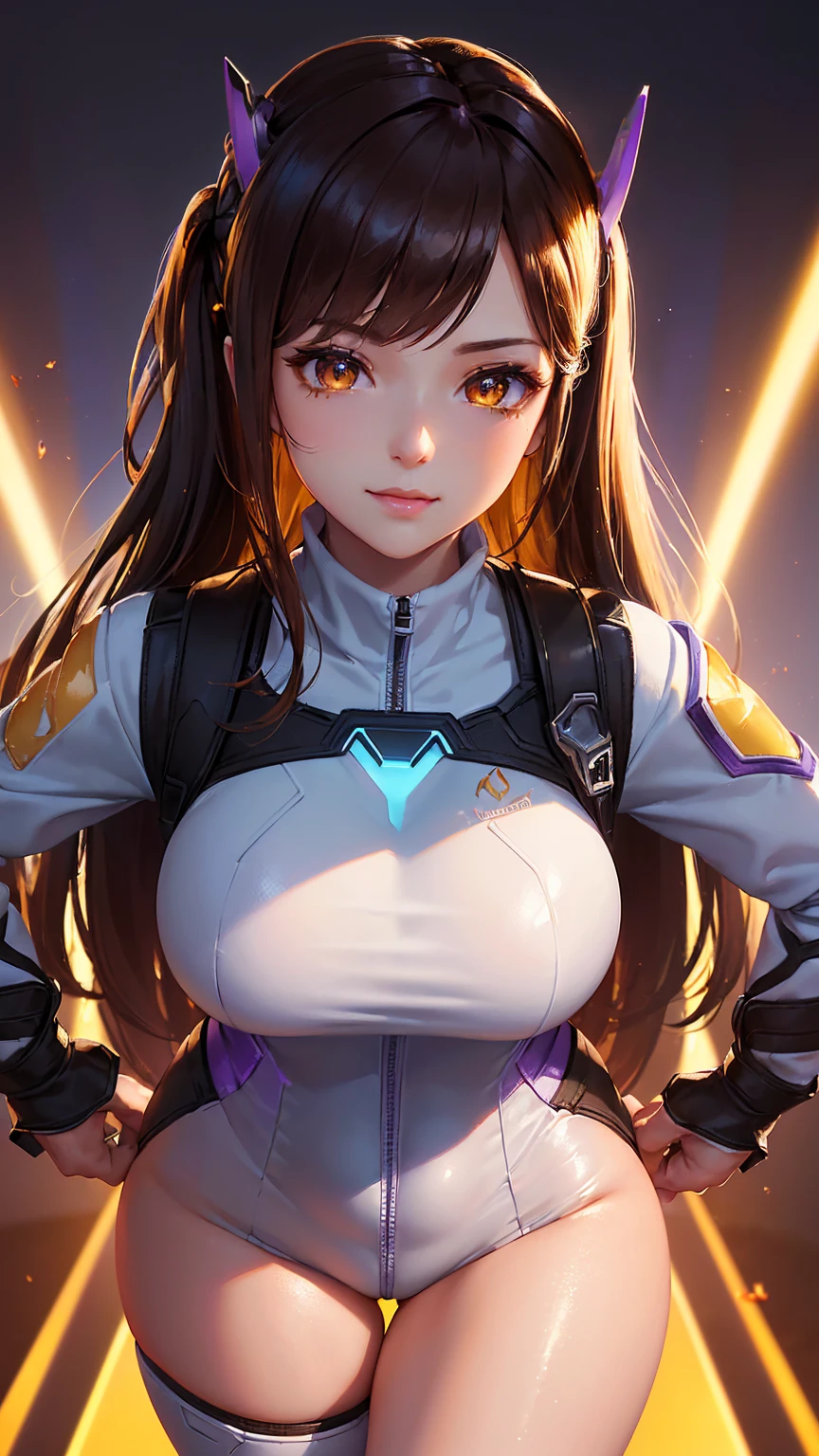 (masterpiece), (best quality), (intricate details), high resolution, visually stunning, sidelighting, (((glowing, ((amber coloured)) eyes)), deep shadow, nothing but white background, (Dva from overwatch), (wearing a jumpsuit which is predominantly light blue, with a bit of black and purple on the sides), brown hair, heart-shaped pupils, , innocent smile, cinematic lighting, sparkle, ray tracing, backlighting, ((super shiny face)), thick thighs with skinny body, winking,