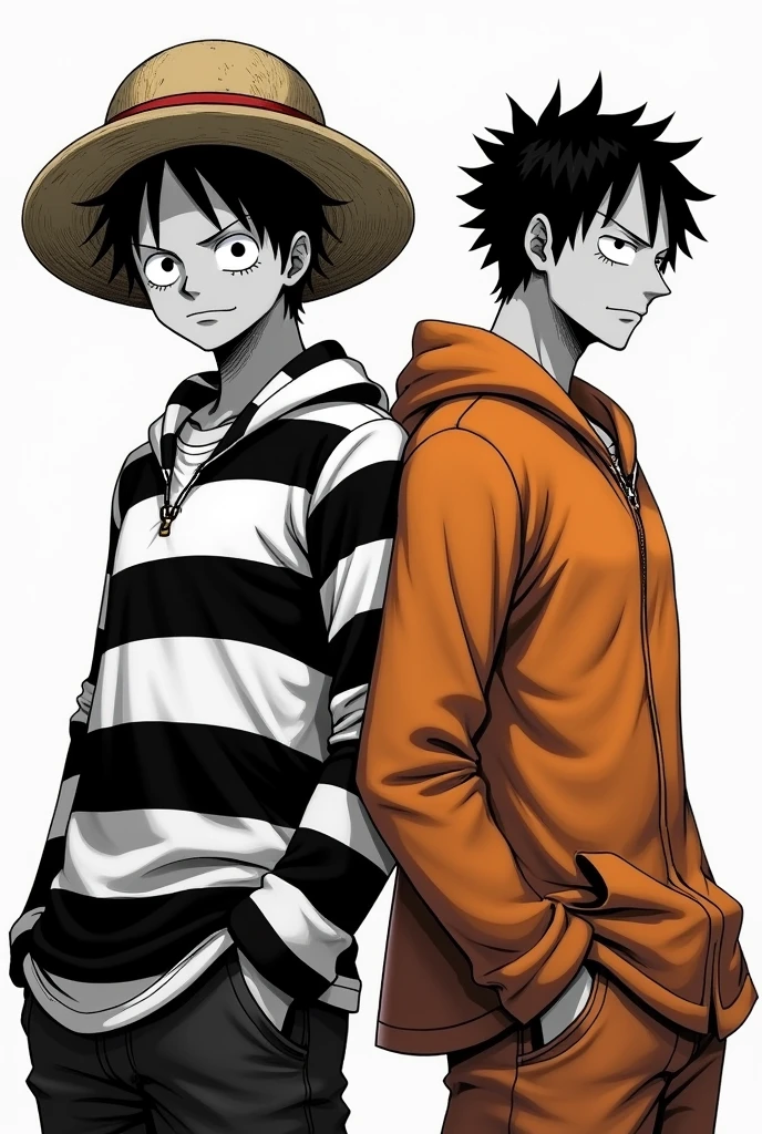 Monkey D. Luffy in a black and white striped long-sleeved prison uniform and Monkey D. .... Luffy in orange long sleeve prison uniform Original anime One Piece