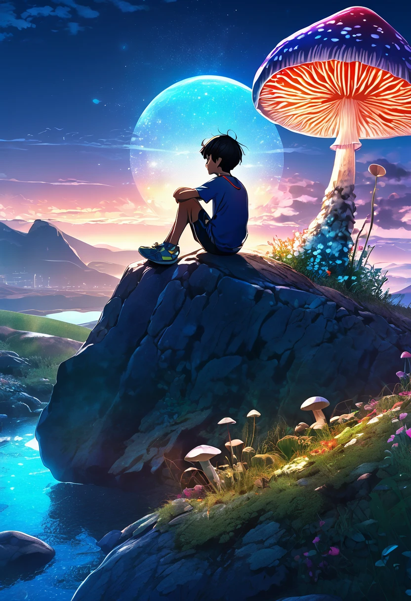 1boy, sitting on a rock, landscape view, abstract landscape, shining mushroom, shining flower, anime graphics, intricate, detailed, masterpiece, 8k