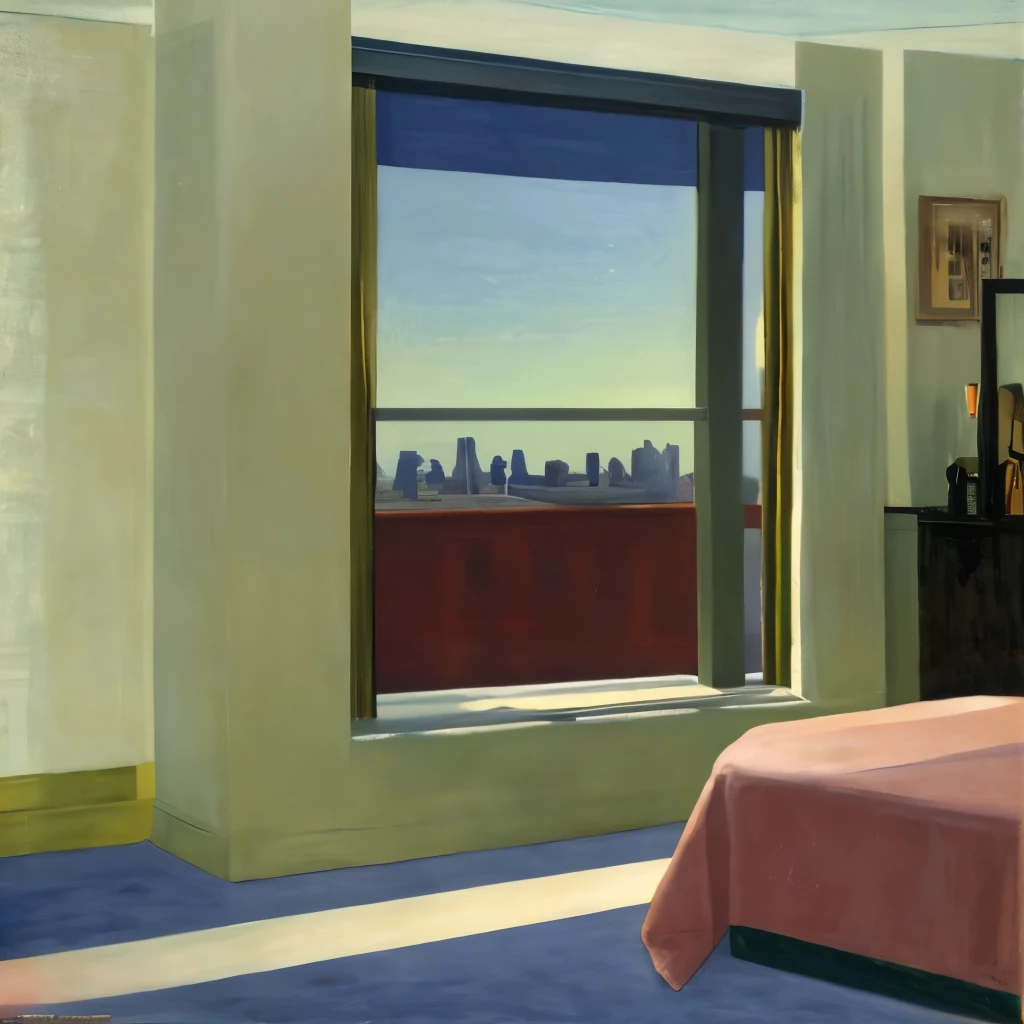 A woman in a dress looking out the window of a penthouse at the night city skyline, Edward Hopper