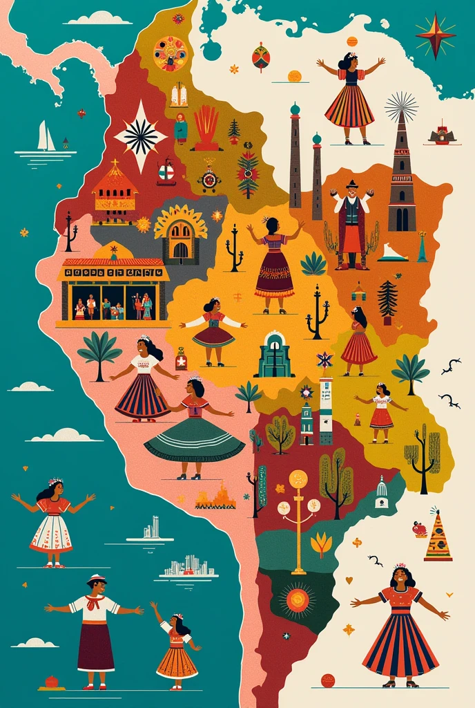 Drawing of the map of Bolivia but in each part that has something that has to do with Bolivia like its culture, its dances, festivals, carnivals, people etc.