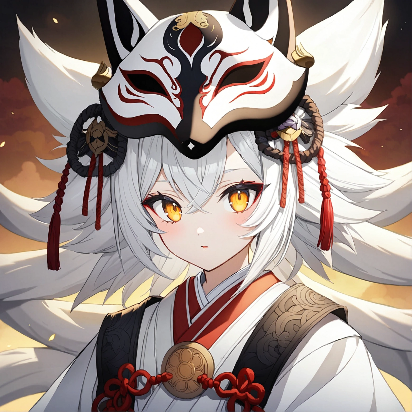 anime character with white hair and a white mask with long white hair, onmyoji portrait, white fox anime, onmyoji detailed art, with kitsune mask, vampire white fox, onmyoji, white haired deity, white - haired fox, kitsune mask, kitsune mask on head, beautiful male god of death, kitsune, nine tails