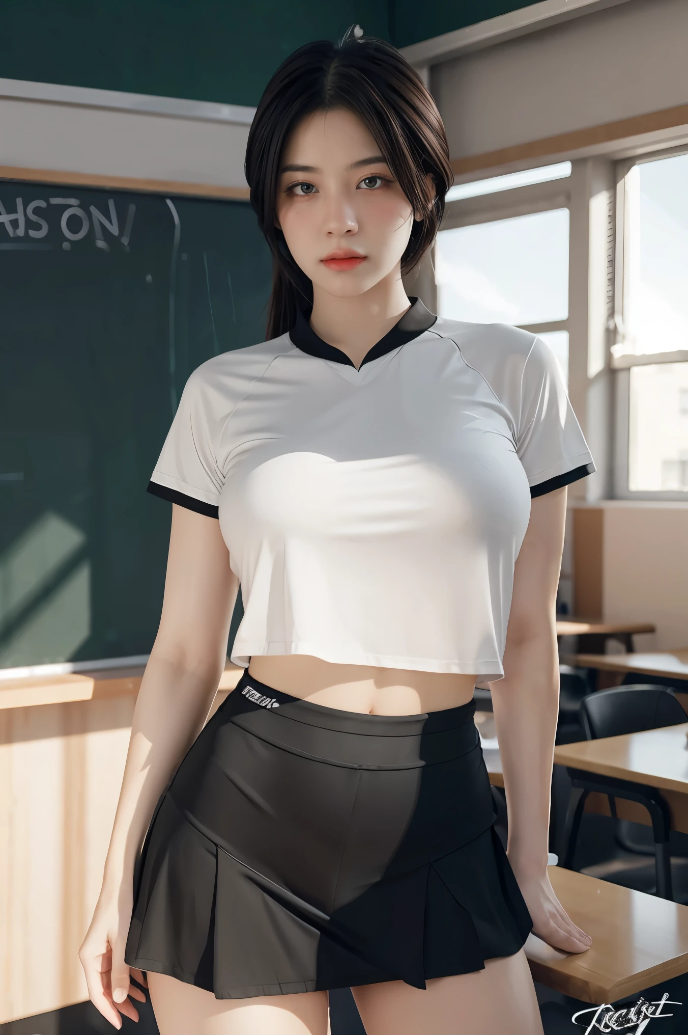 1 girl, ภาพช็อตของ re4ashley, About sports, black , white shirt, classroom, Volumetric light, best quality, Masterpiece, complicated details, Tone mapping, Sharp focus, There are too many details., Trending on artstation, realistic,
